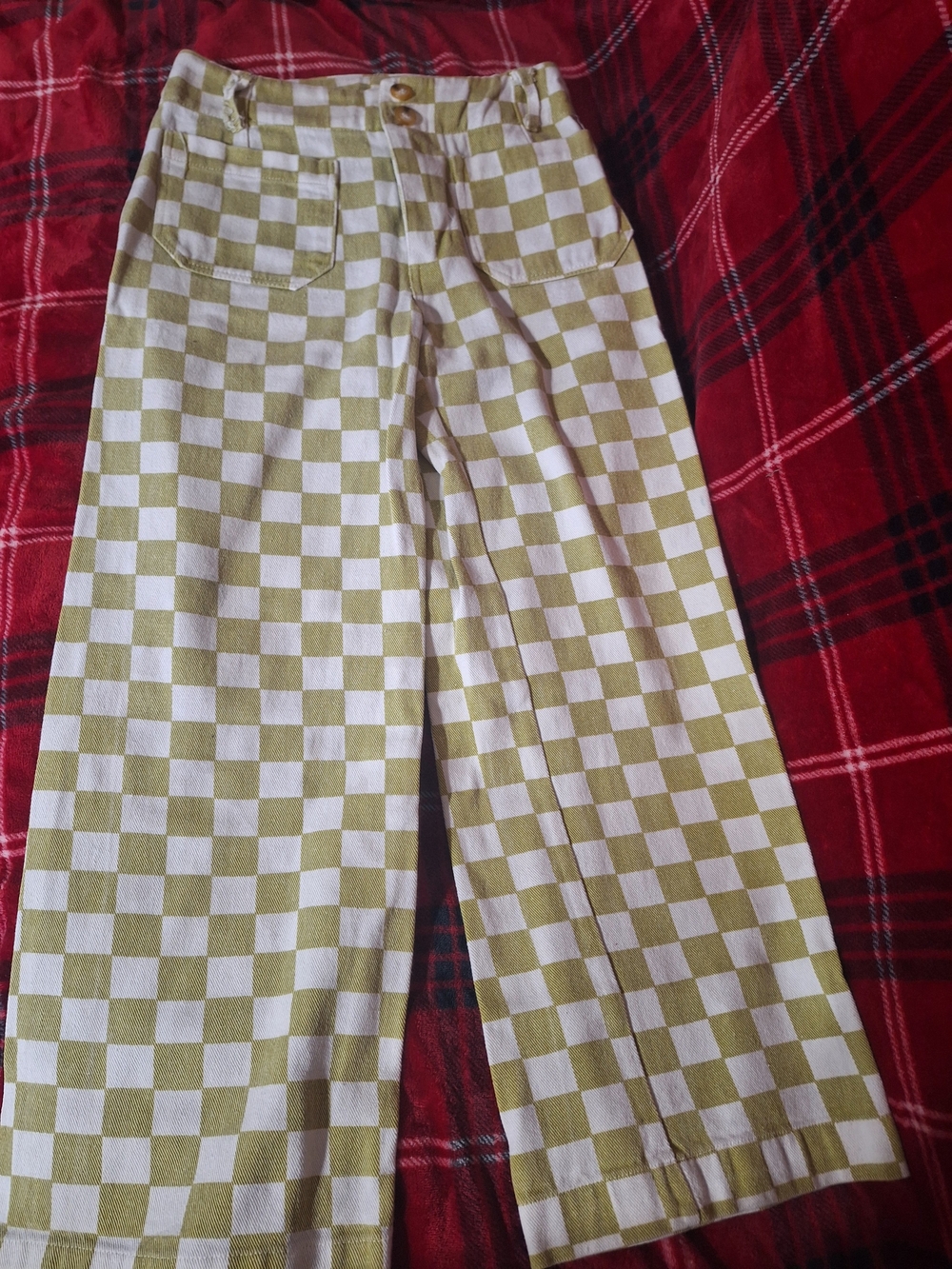 Papermoon Retro- Inspired Style Olive Green and White Checkered Wide Leg Jeans S